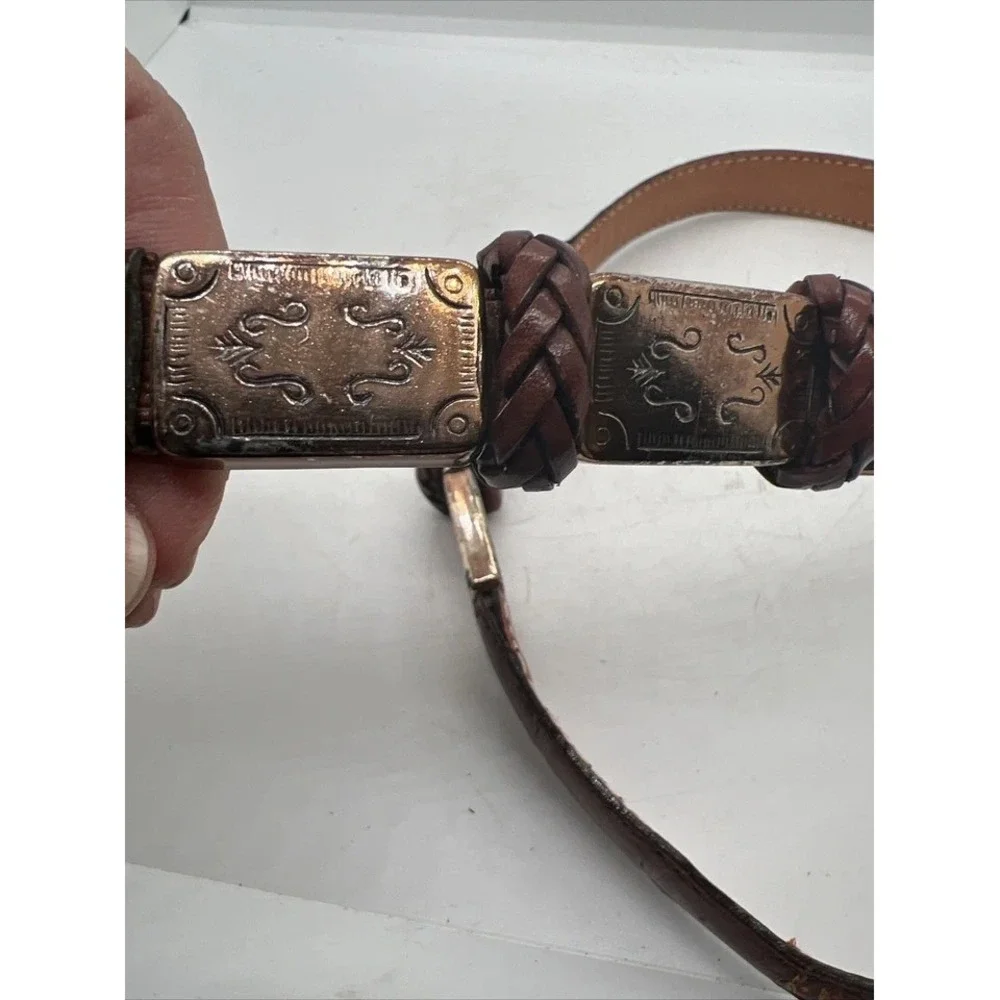 Brighton Women's Brown Leather Belt Embossed Silver Tone‎ Braided Accent